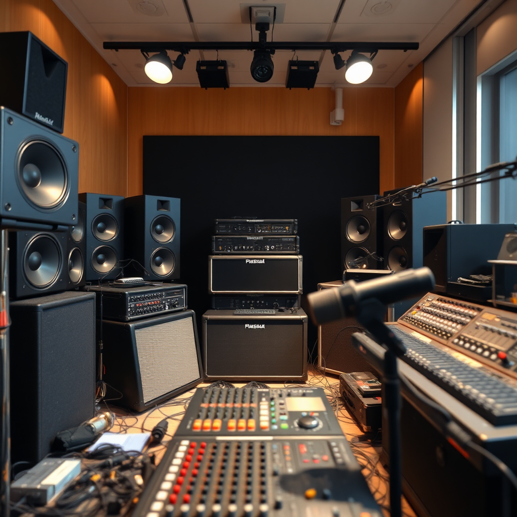 Create a photorealistic image of a complex sound system setup. The image should show a variety of audio equipment, including speakers, amplifiers, mixing consoles, and microphones. The equipment should be arranged in a professional and organized manner. The lighting should be bright and clear, allowing viewers to see the details of each piece of equipment. The camera angle should be close-up, focusing on the intricate details of the equipment.