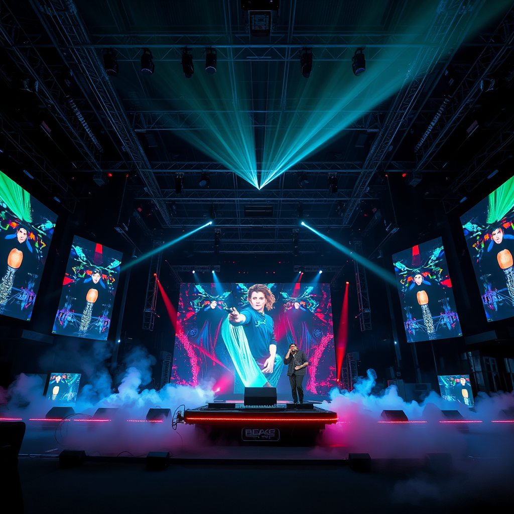 Create a photorealistic image of a stage with dynamic visual effects. This includes smoke, lasers, and projected images that move in sync with the music. The stage should look modern and technologically advanced. A wide-angle view will capture the grand scale of the setup.
