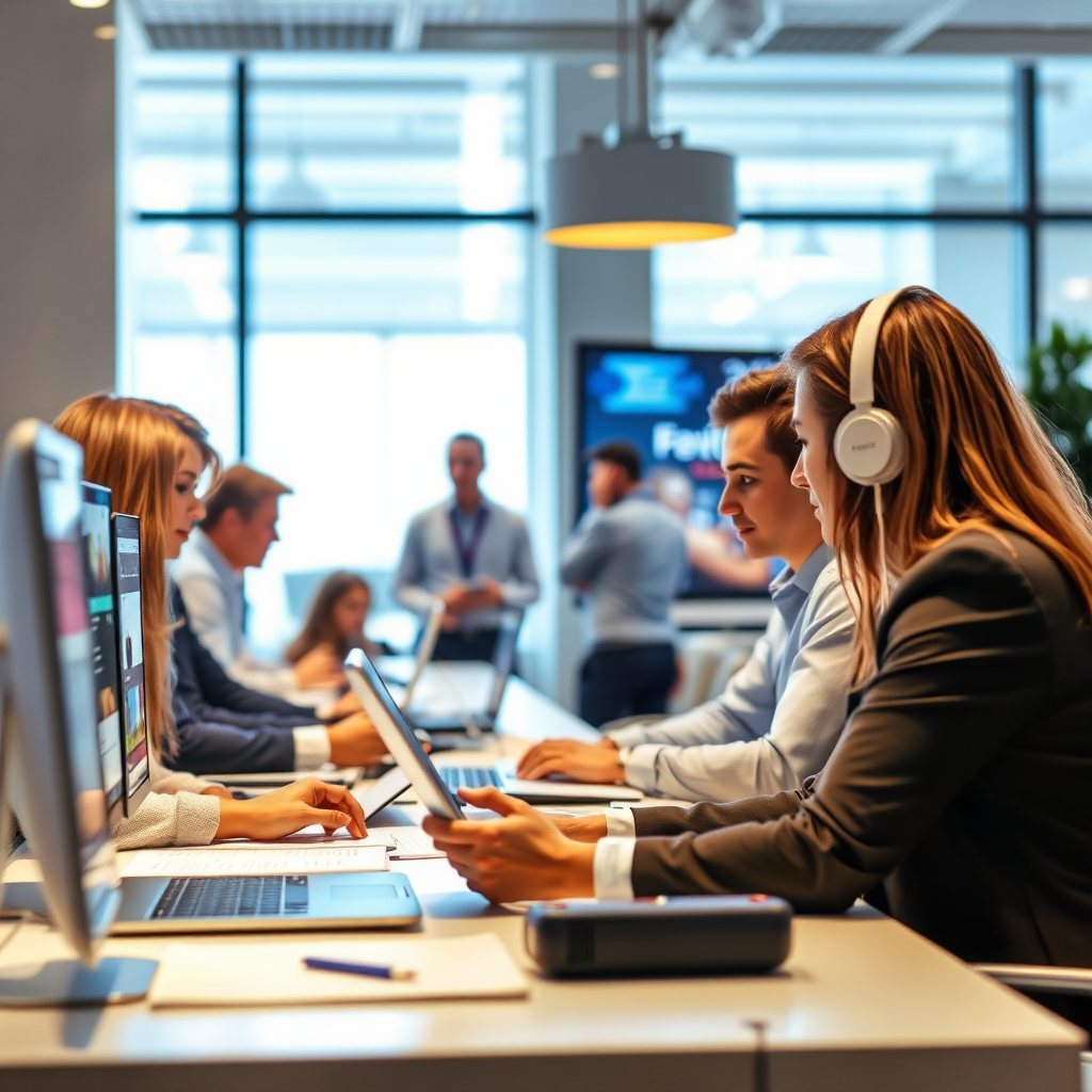 Create an image that shows the process of managing an event. The image could depict a team of event planners working together, using technology to coordinate different aspects of the event. Consider a brightly lit, modern office setting.