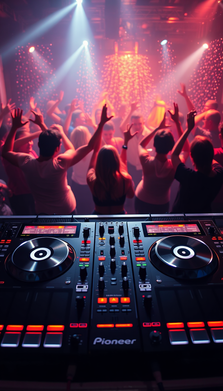 Create a 4K, high-quality image. The image depicts a stylized representation of sound waves emanating from a DJ's turntable, morphing into a crowd of people dancing. The color palette is vibrant, with shades of blue, purple, and pink dominating the scene. The background is a blurred cityscape at night. The lighting is soft and diffused, creating a dreamlike atmosphere. The camera angle is slightly elevated, providing a wide view of the scene. Pay attention to the textures of the sound waves and the clothing of the dancing figures. The style is a blend of photorealism and abstract art, inspired by album covers from electronic music artists. Relevant props include headphones and a DJ mixer.